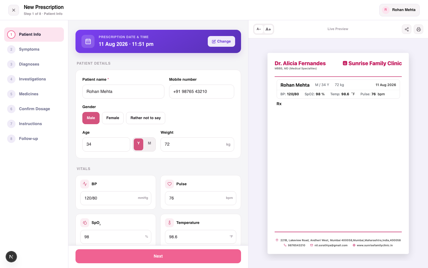 Capturing patient info and vitals